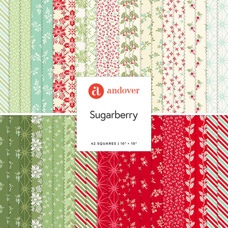 A collage of fabric patterns in red, green, and cream, labeled Sugarberry with 42 squares.