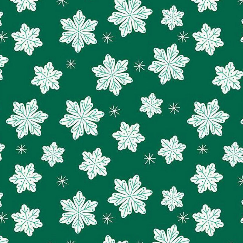 Dark green fabric with large white snowflake and small twinkling stars