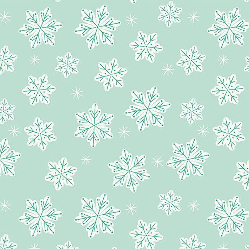 Mint fabric with large white snowflake and small twinkling stars