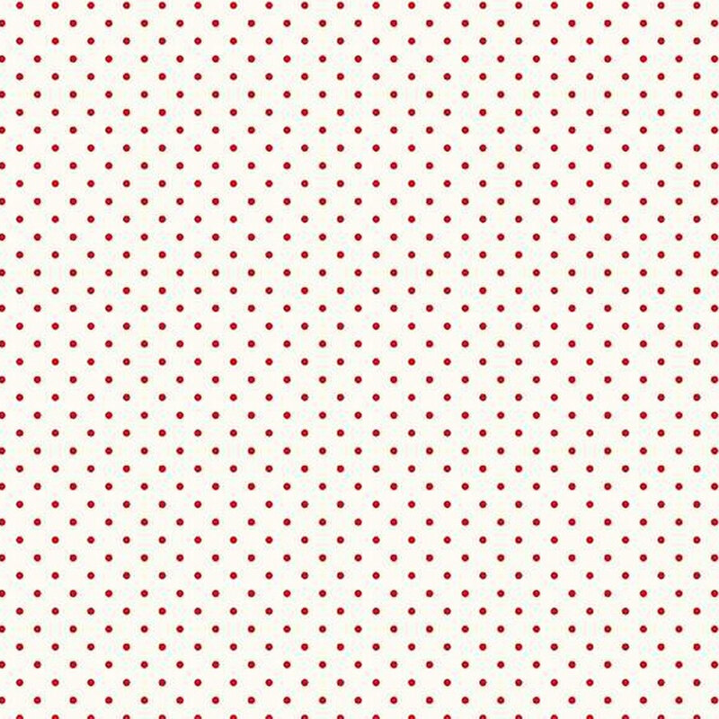 White fabric featuring small red polka dots throughout