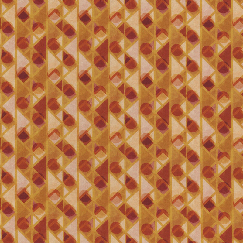 Fabric pattern featuring geometric shapes in warm tones of orange and yellow.