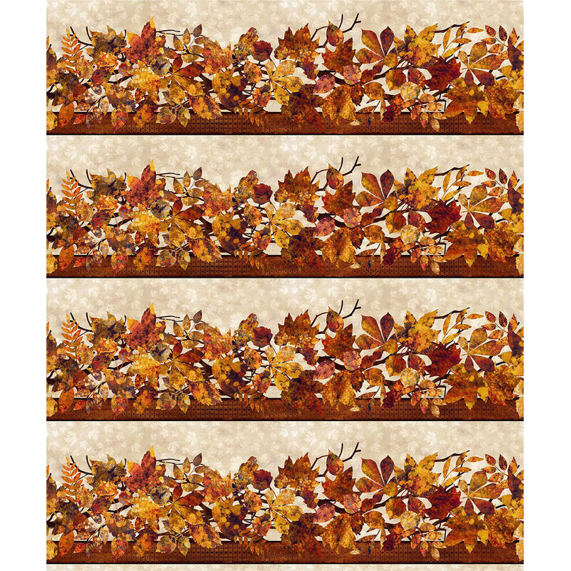 Decorative fabric pattern featuring autumn leaves in warm colors, arranged in vertical stripes.