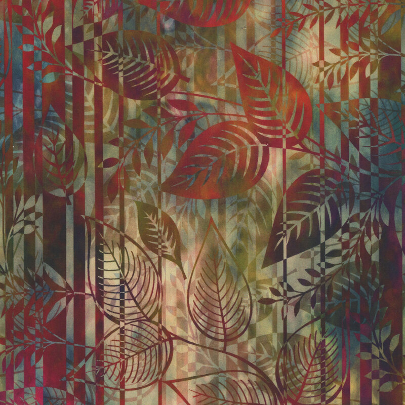 Abstract pattern of colorful leaves intertwined with vertical stripes in a warm, blended background.