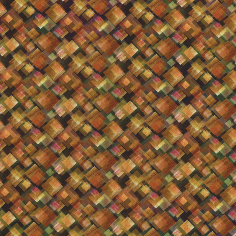 Fabric pattern of overlapping squares in warm tones of orange, brown, and green on a dark background.