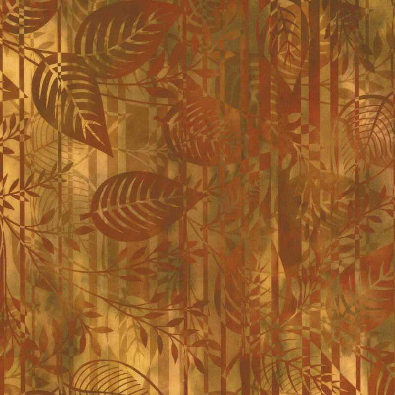 Textured background featuring layered leaves and vertical stripes in warm gold and earthy tones.