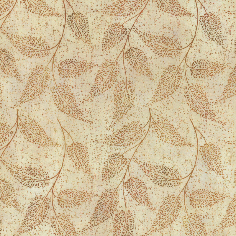 Fabric featuring a pattern of delicate leaves in warm, earthy tones.