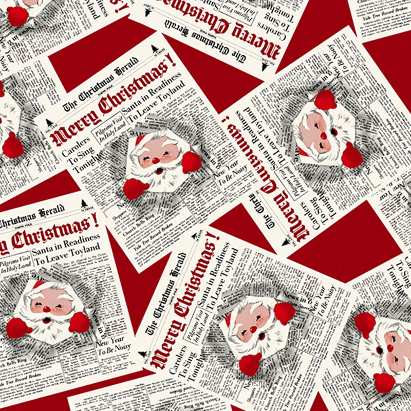 Pattern featuring vintage Christmas newspaper clippings with Santa Claus illustrations on a red background.