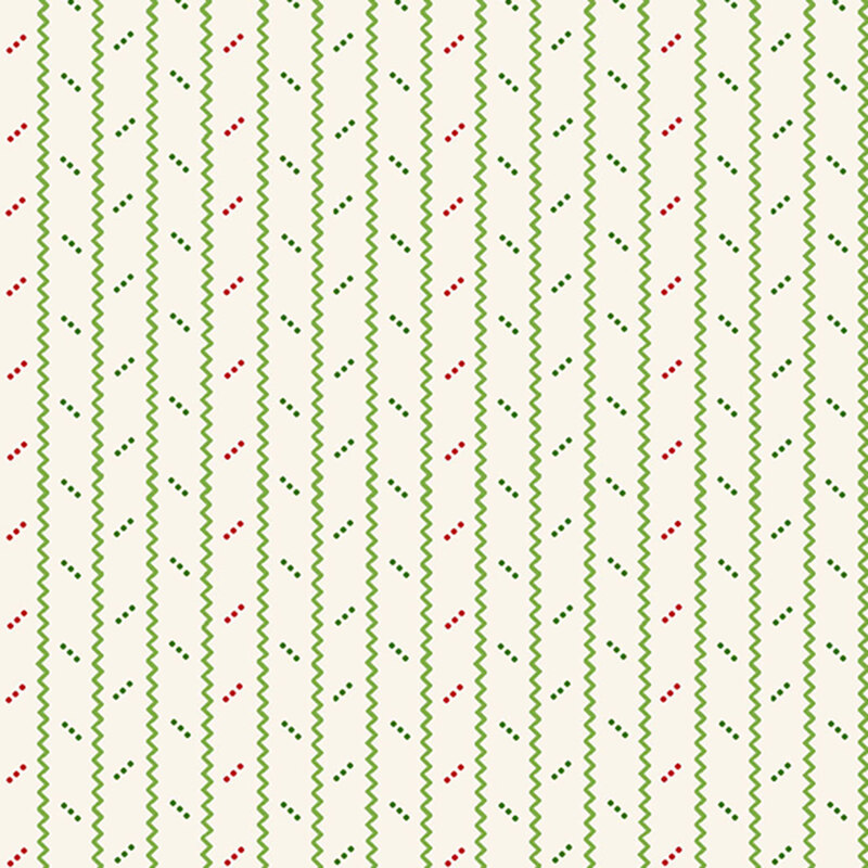 A repeating pattern of green zigzag lines with pink dots on a light cream background.