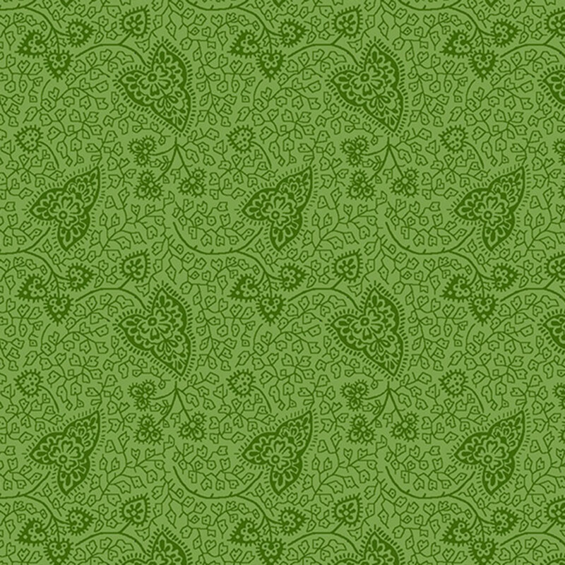 A repeated pattern of intricate leaves and floral designs in varying shades of green.