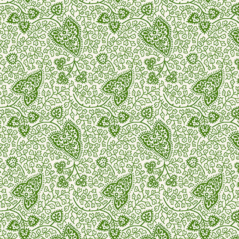 Repeating pattern of intricate green leaves and floral designs on a light background.