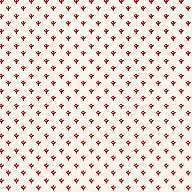 Repeating floral pattern with small red flowers on a cream background.