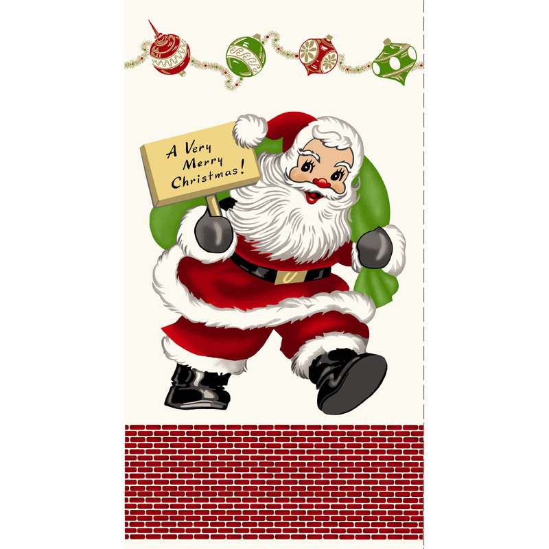 A cheerful Santa Claus holds a sign saying A Very Merry Christmas! against a festive background.