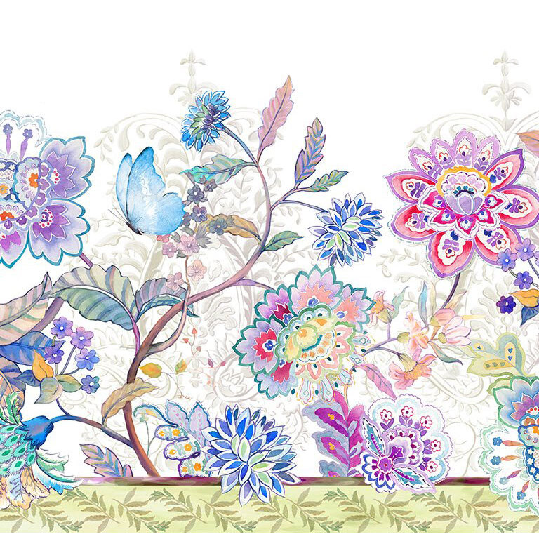 Colorful floral pattern featuring blue butterflies, oversized flowers, and leafy designs on a light background.