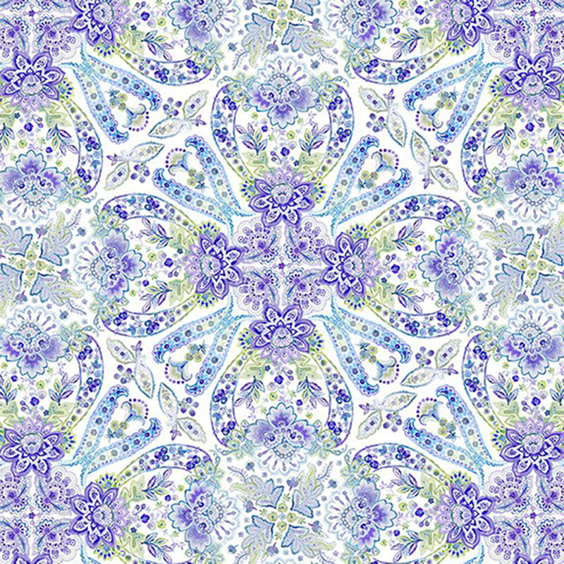 Floral-patterned fabric featuring purple and green designs on a light background.