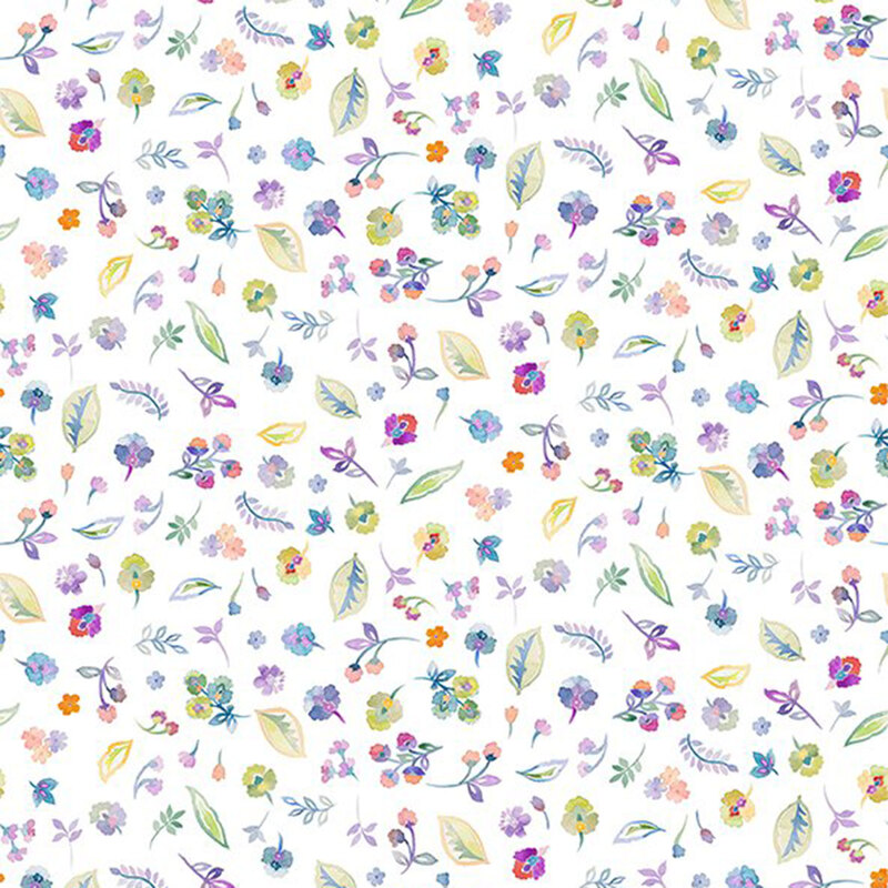 A white background adorned with a colorful pattern of various flowers and leaves.