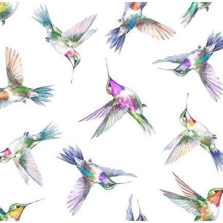 Pattern of colorful, flowing watercolor hummingbirds on a white background.