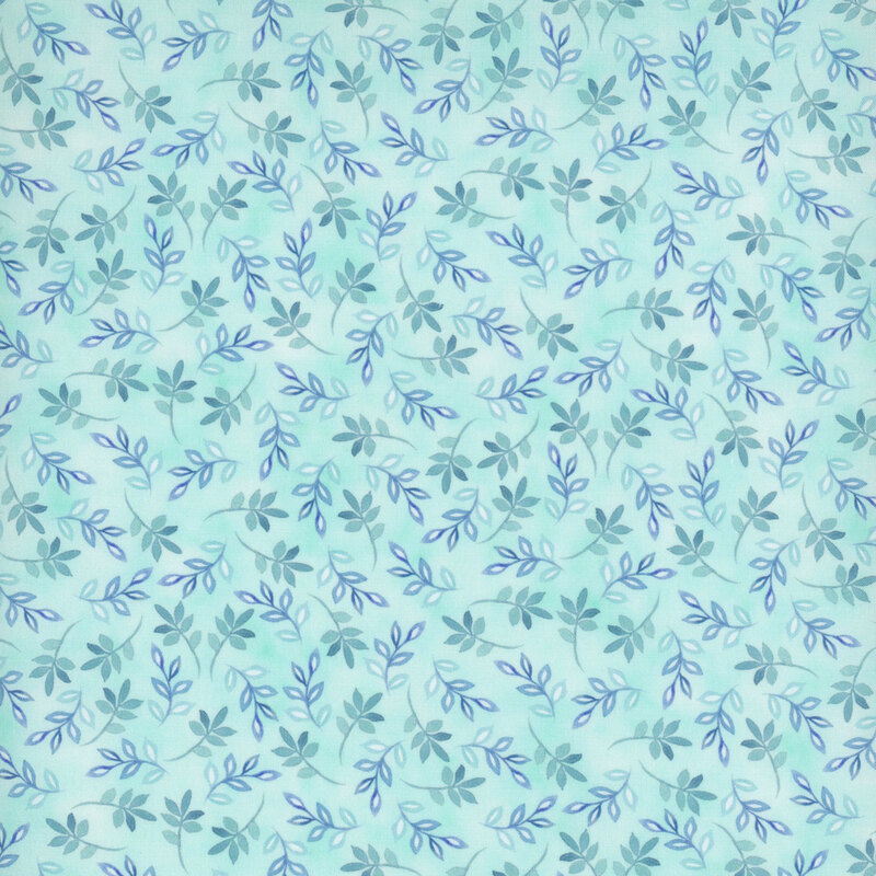 Light turquoise background with a repeating pattern of delicate blue leaves.