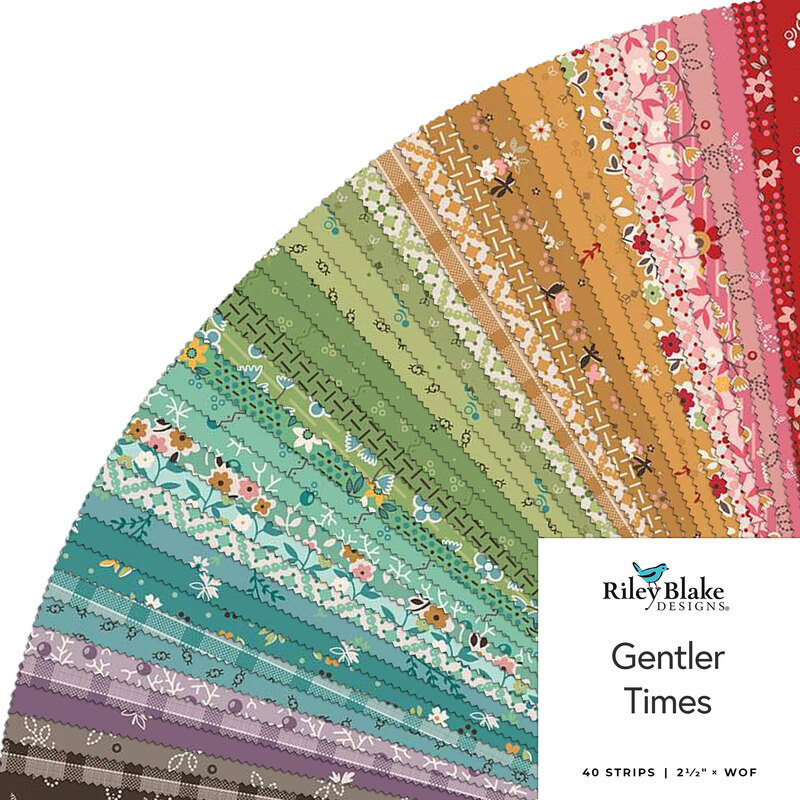 Fanned collage of colorful fabrics with a Gentler Times tag in the bottom right corner