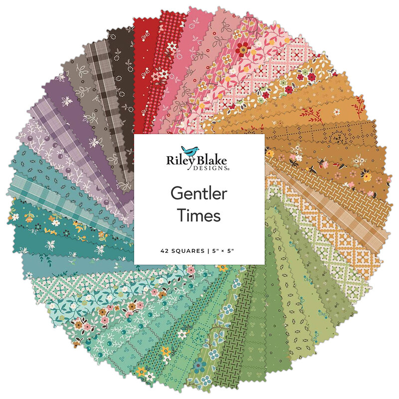 Spiraled collage of colorful fabrics with a Gentler Times tag in the center