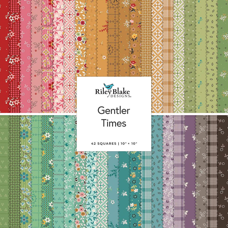 Stacked collage of colorful fabrics with a Gentler Times tag in the center