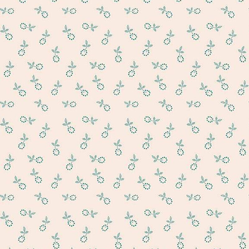 Fabric featuring a calico pattern of small blue flower blossoms on a light beige background.