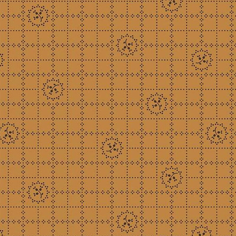 Brown patterned background featuring a grid design with black floral motifs at regular intervals.