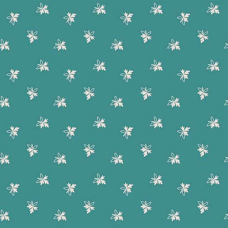 Floral fabric with a deep teal background, featuring small, white, scattered leaves.