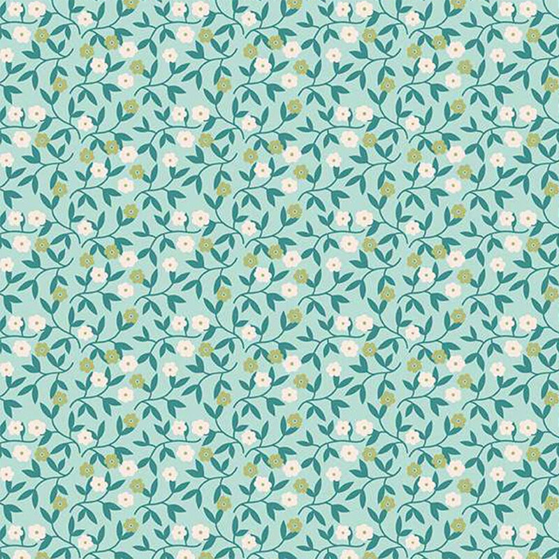 A repeating fabric pattern of vines and flowers on an aqua background, featuring soft colors and whimsical design.