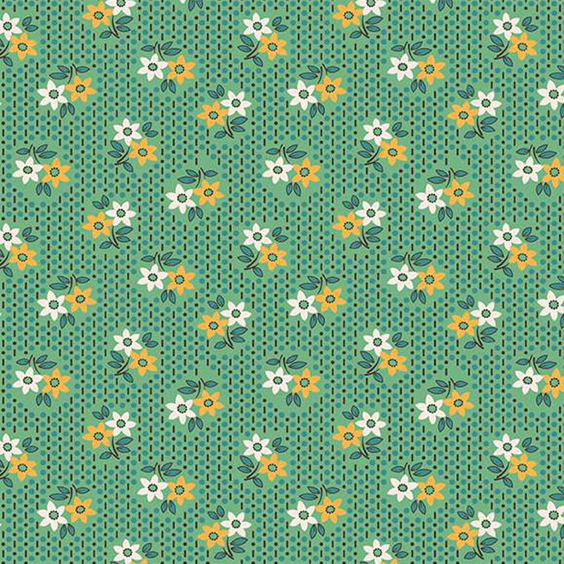 A green patterned fabric background with scattered white and yellow flowers and green leaves.