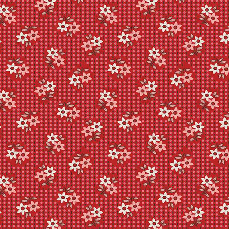 Red fabric with a repeated floral pattern featuring white and pink flowers and green leaves.