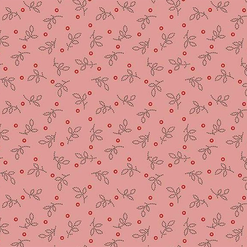 Fabric with black outlined leaves and small red berries on a soft pink background.