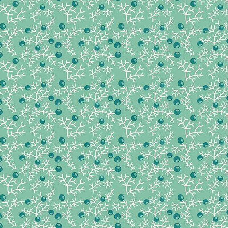 Repeating pattern of teal circles and white branches on a light green background.