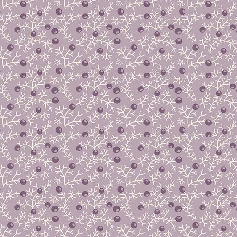 Light purple fabric pattern featuring delicate white branches and dark purple berries.