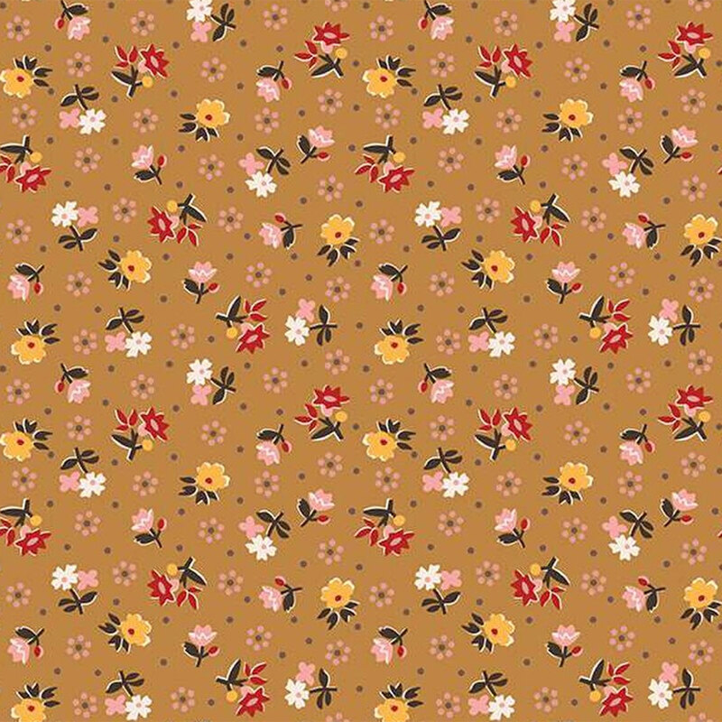 A floral fabric featuring various colorful flowers on a warm brown background.