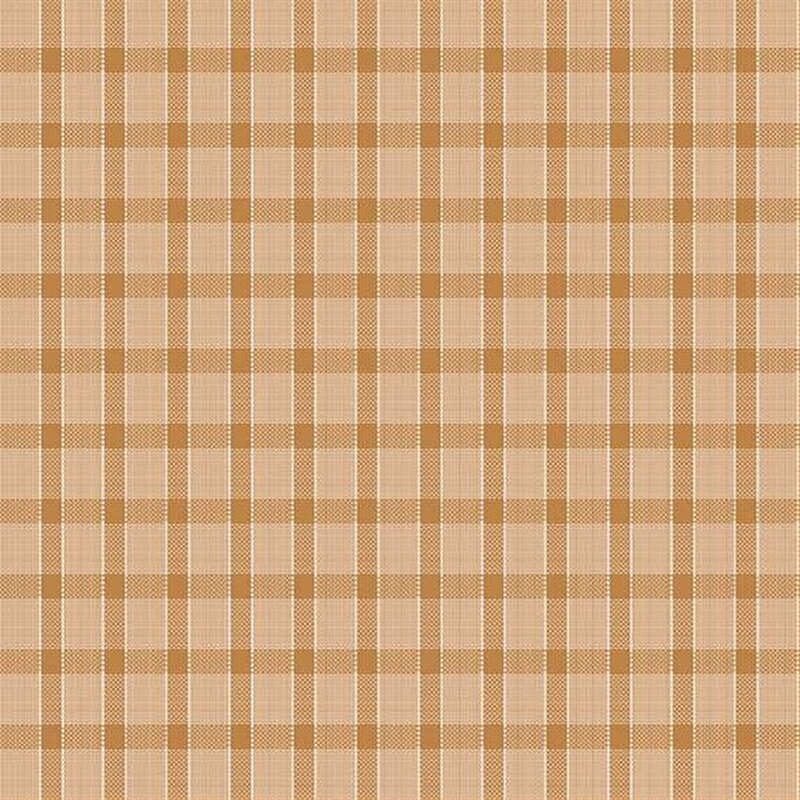 Fabric with a tan and beige plaid design with thin white lines.