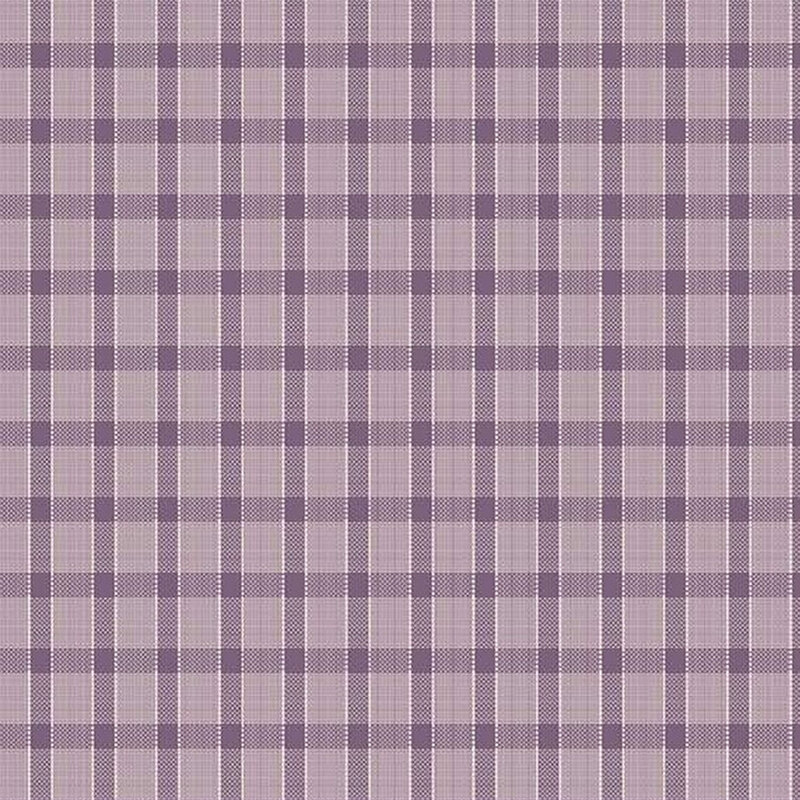 Fabric with a purple plaid design with thin white lines.