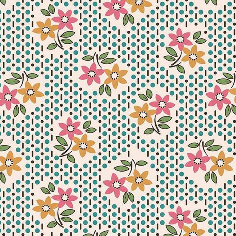 Floral fabric featuring pink, yellow, and blue flowers on a white background with dotted turquoise accents