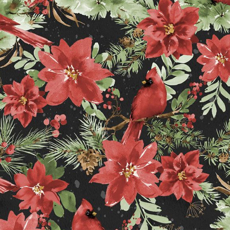 A pattern featuring red cardinals and poinsettias on a dark black background with green foliage.