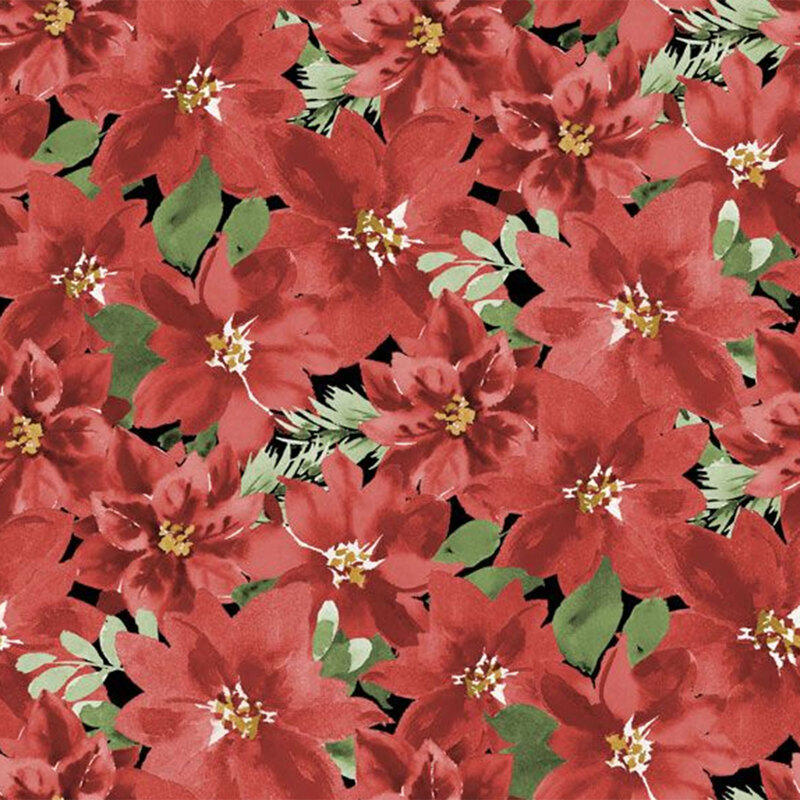 A packed pattern of red poinsettia flowers with green leaves on a black background.