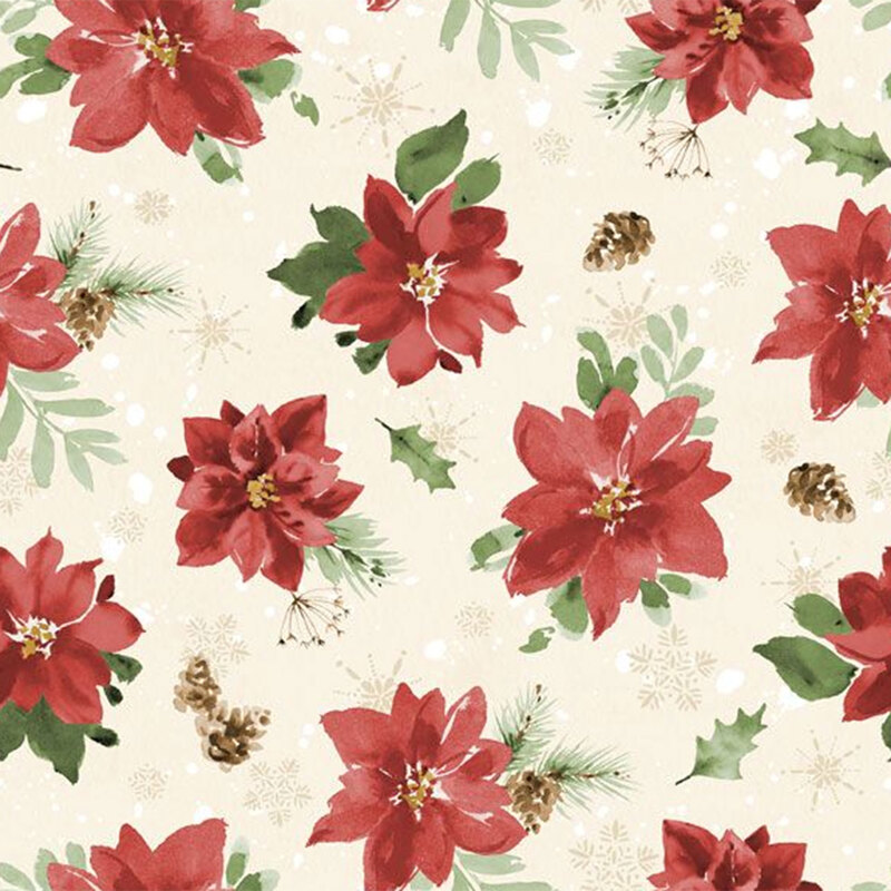 Fabric featuring red poinsettias, green leaves, pinecones, and snowflakes on a light cream background.