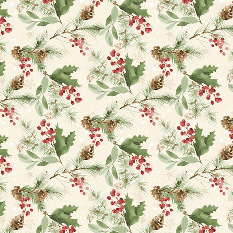 Fabric featuring a pattern of pinecones, holly, and red berries on a light cream background.