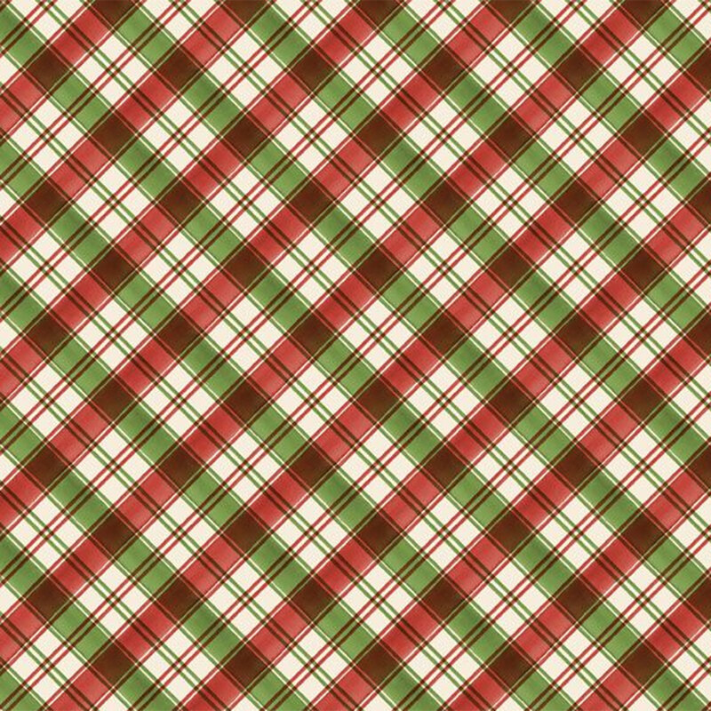 Red and green plaid pattern with interwoven white lines, creating a festive design.