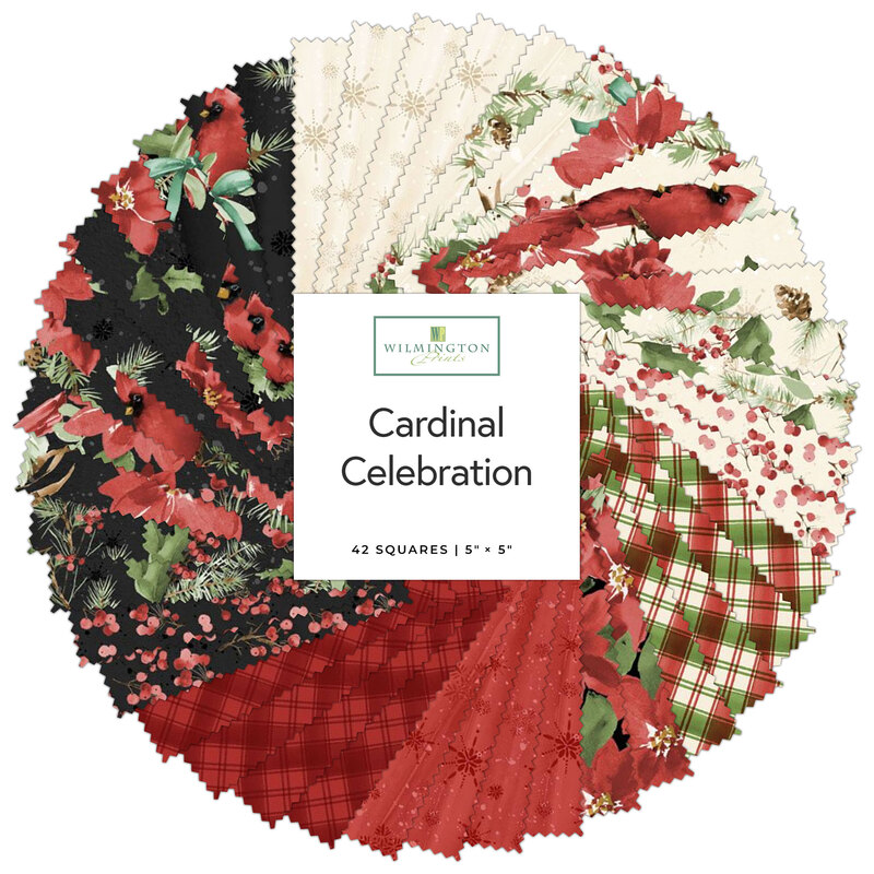 A circular arrangement of fabric squares in red, green, and cream with patterns for Cardinal Celebration.