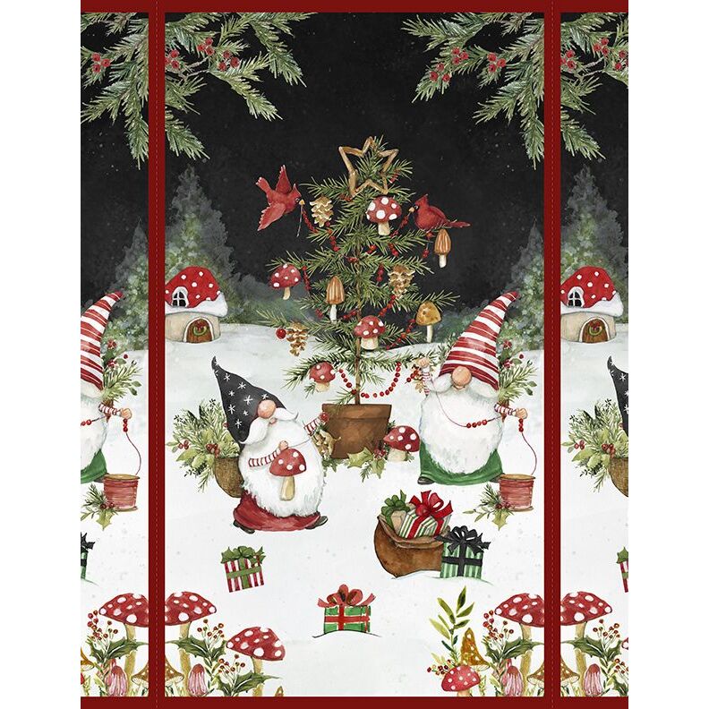 Fabric panel with two whimsical gnomes surrounded by mushrooms, gifts, and a decorated tree in a snowy landscape.