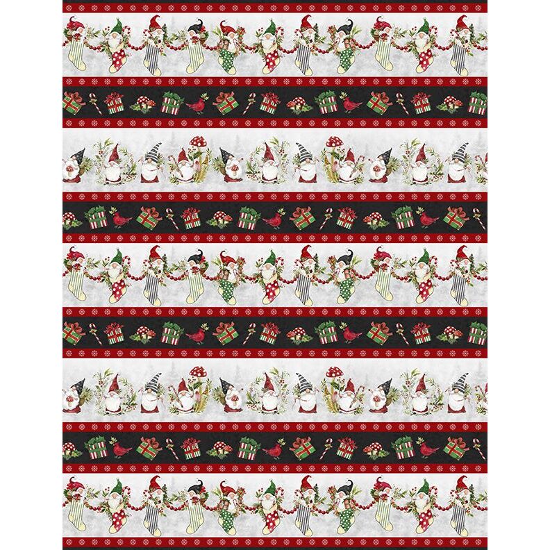 Festive fabric design with alternating rows of gnomes, gifts, and holiday decorations.