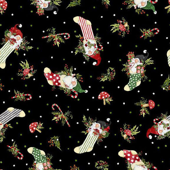 Fabric featuring Christmas stockings, gnomes, candy canes, and festive elements on a black background.