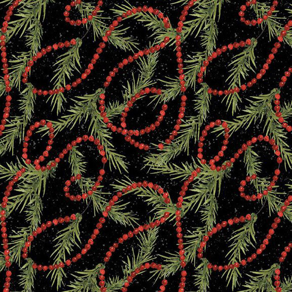 Fabric featuring green pine branches and red beads on a black background, creating a festive design.