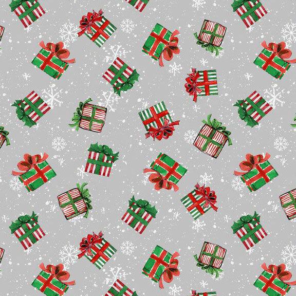 Pattern of colorful Christmas gift boxes and snowflakes on a gray fabric.