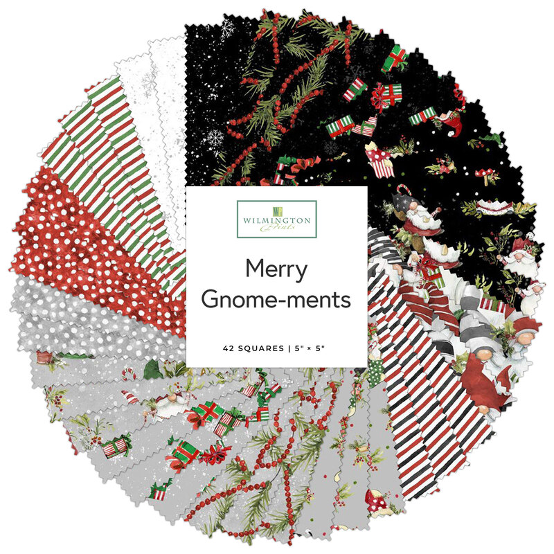 A circular display of fabric squares featuring festive patterns, labeled Merry Gnome-ments.