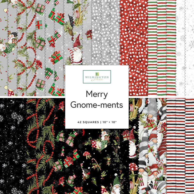 Patterned fabric squares featuring holiday-themed designs, including gnomes, gifts, snowflakes, and greenery.